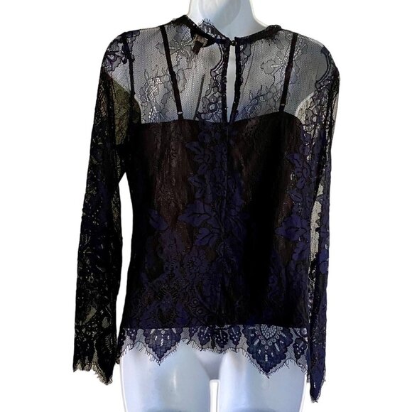 Adiva Blue Lace High Neck Long Sleeve Top with Built in Cami Womens Medium NEW - Picture 5 of 10